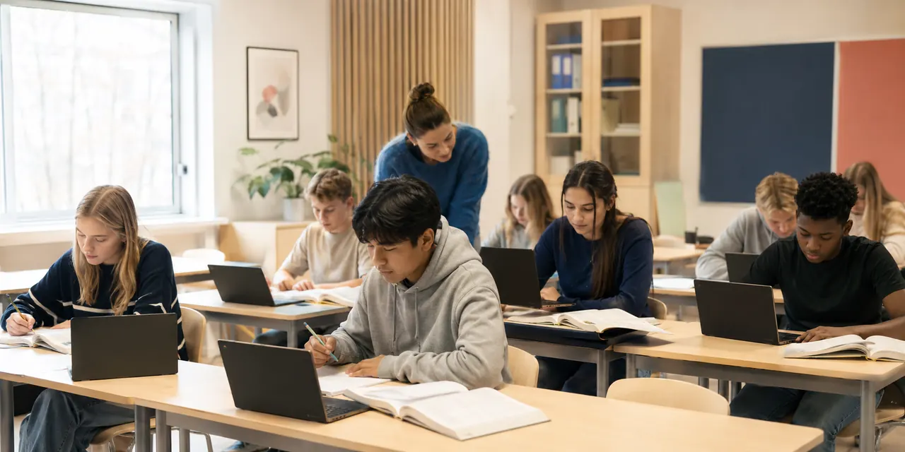Klass som arbetar med matematik på Chromebook medan läraren ger stöd