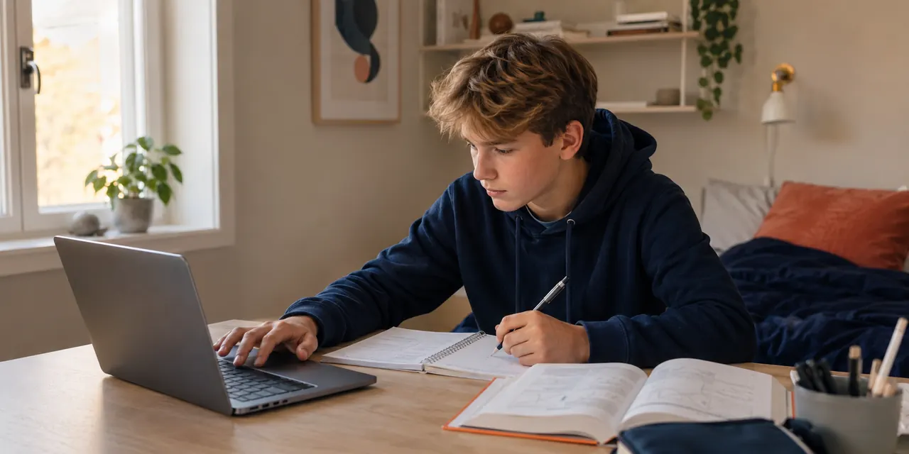 Elev som studerar matematik hemma med Chromebook och mattebok