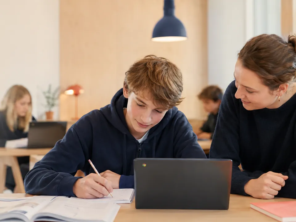 Elev och lärare som arbetar tillsammans med matematik vid en Chromebook